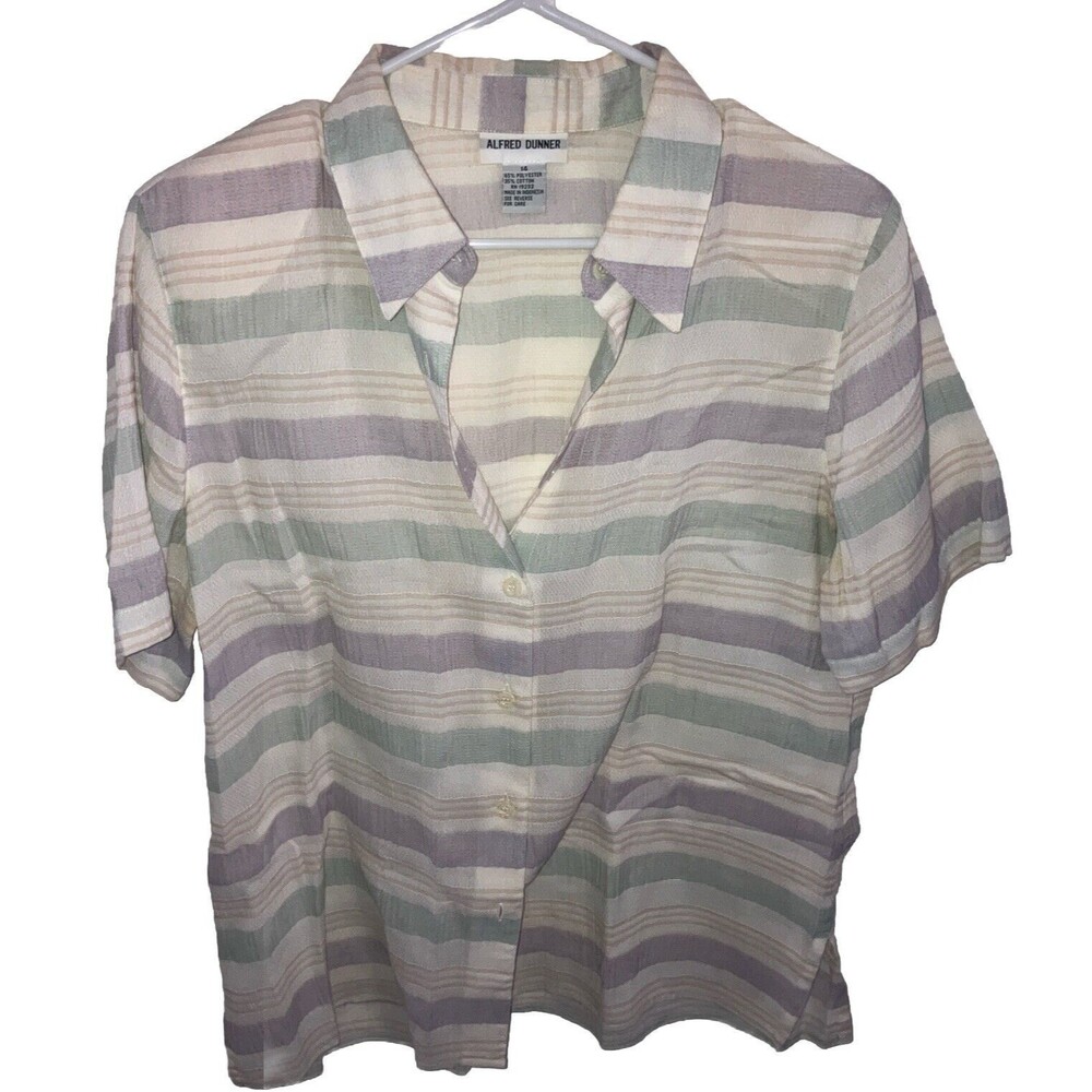 Alfred Dunner blouse size M 14 button up collared ivory stripped Artsy